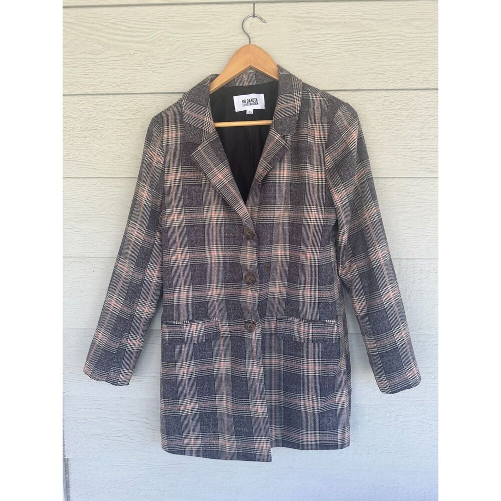 BB Dakota Steve Madden Plaid Longline Blazer Jacket Coat Grey Pink S